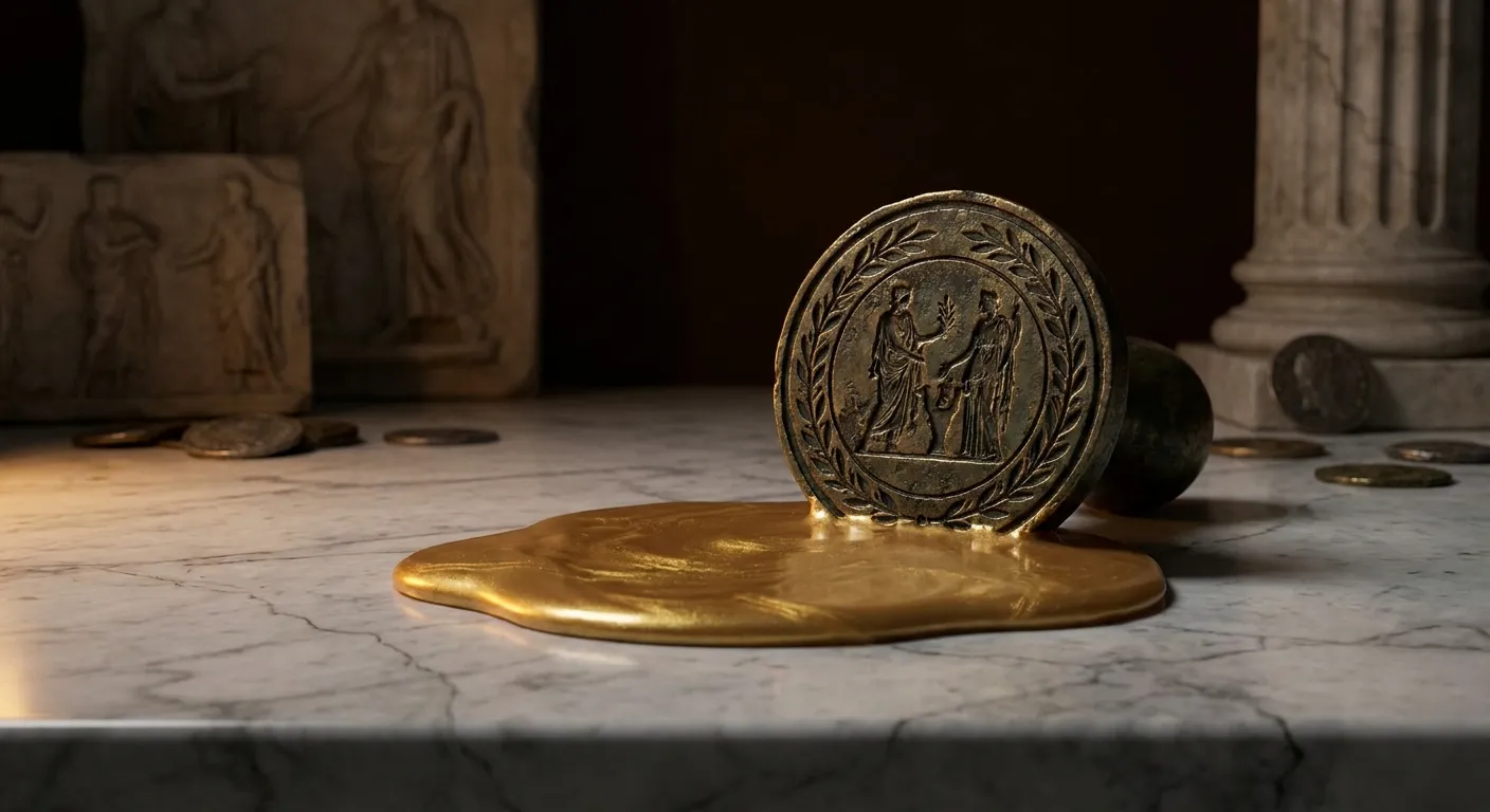 Heavy bronze seal matrix standing upright beside a glossy pool of molten gold wax on veined marble, dramatic cinematic side l