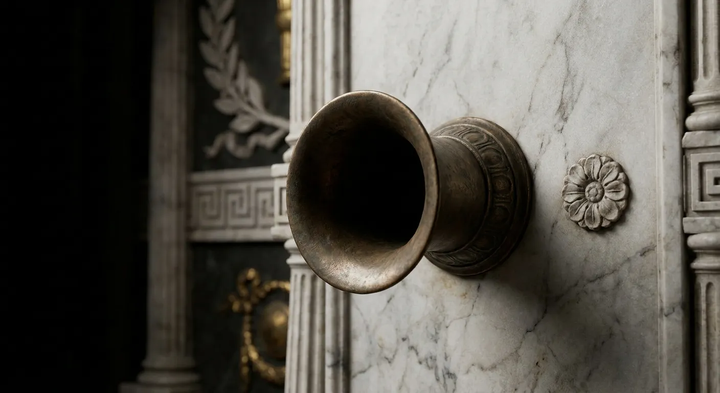 Close-up of a flared aged bronze speaking-tube mouthpiece on veined marble wall beside a carved stone rosette, cinematic warm