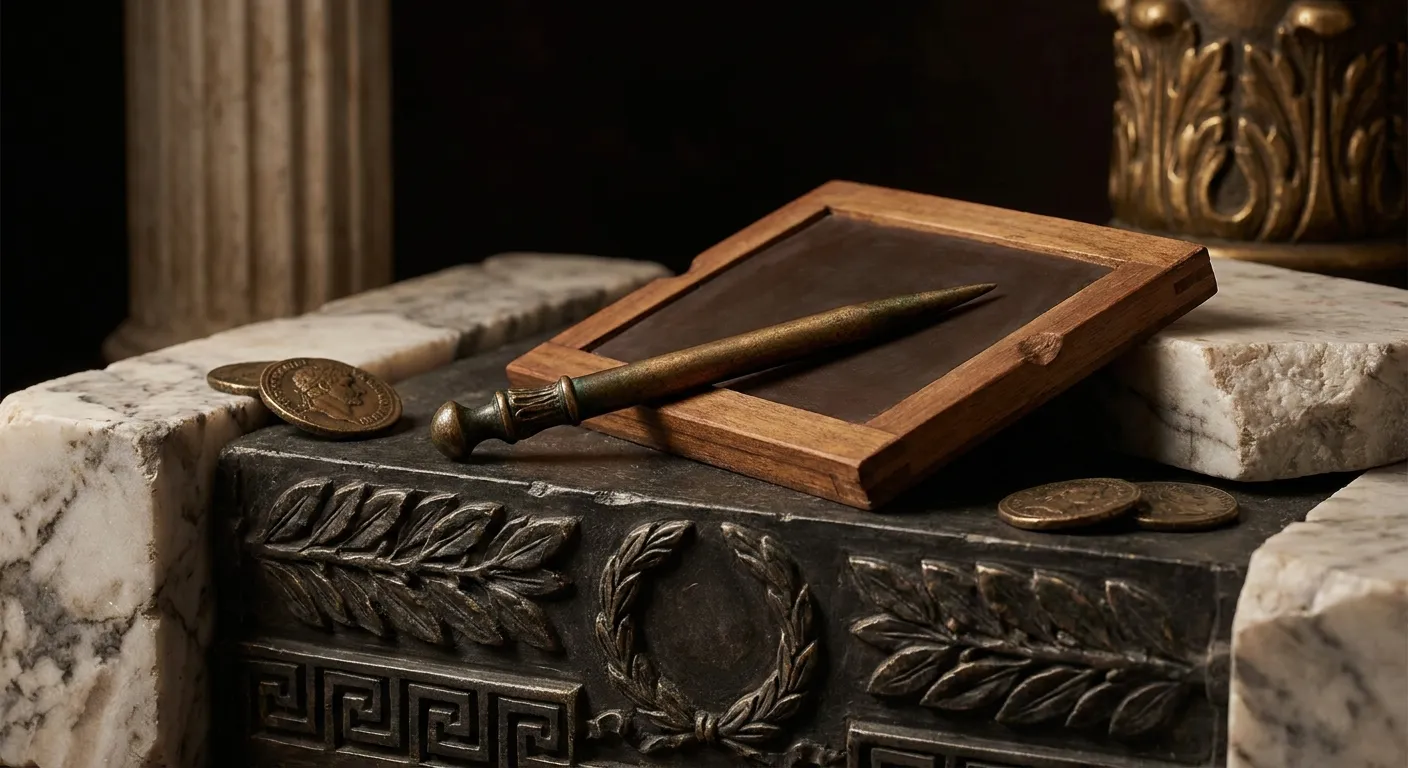 Macro still life of a bronze stylus resting on a dark wax tablet atop carved black stone with gold and marble classical accen