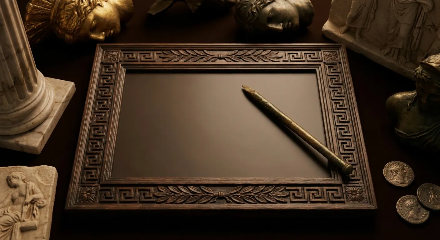 Bronze stylus resting diagonally on smooth wax writing tablet in dark carved wood frame, cinematic overhead still life with c
