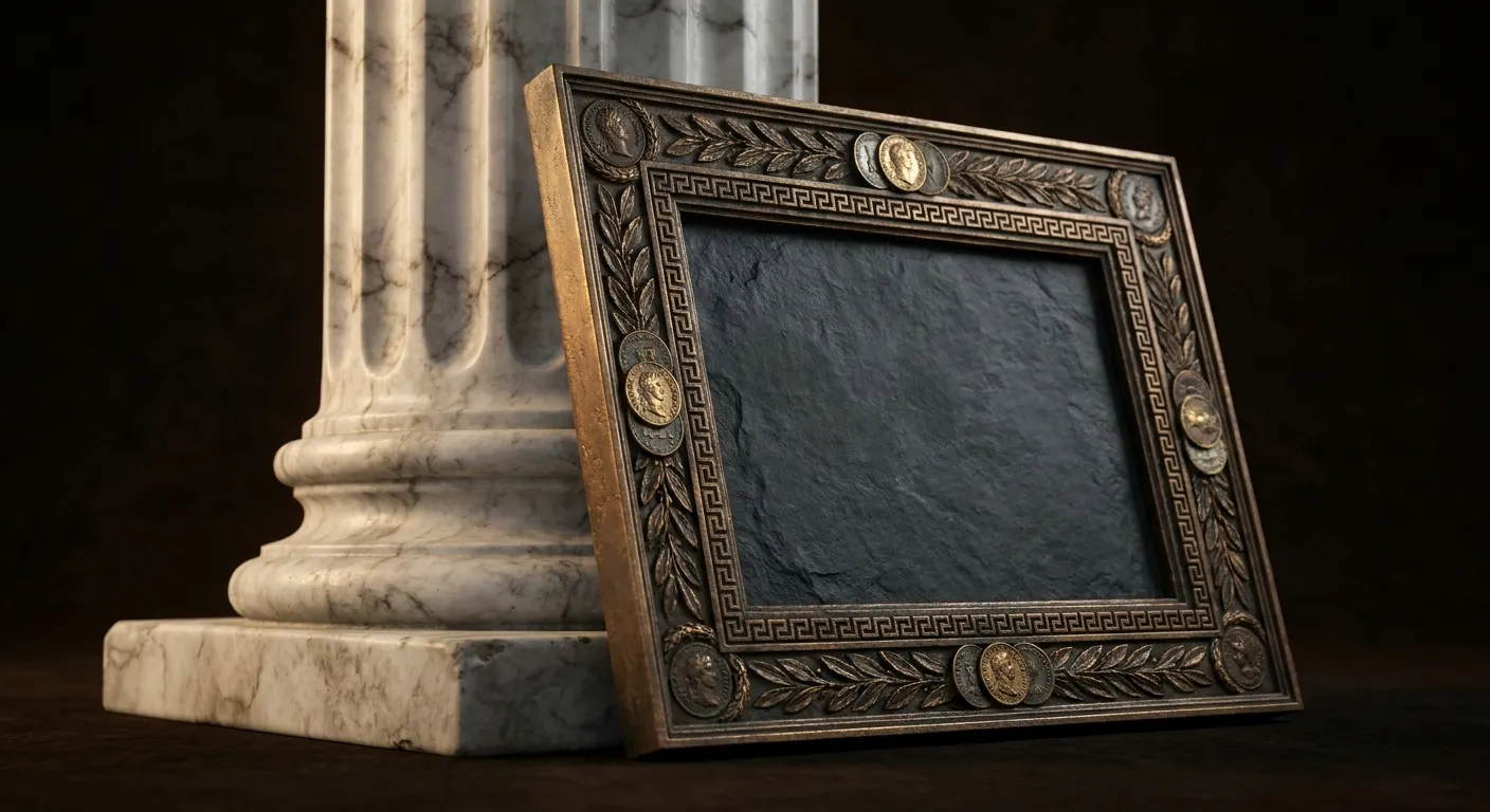 Heavy carved bronze tablet frame with blank dark stone face leaning against a fluted marble column, cinematic still life with