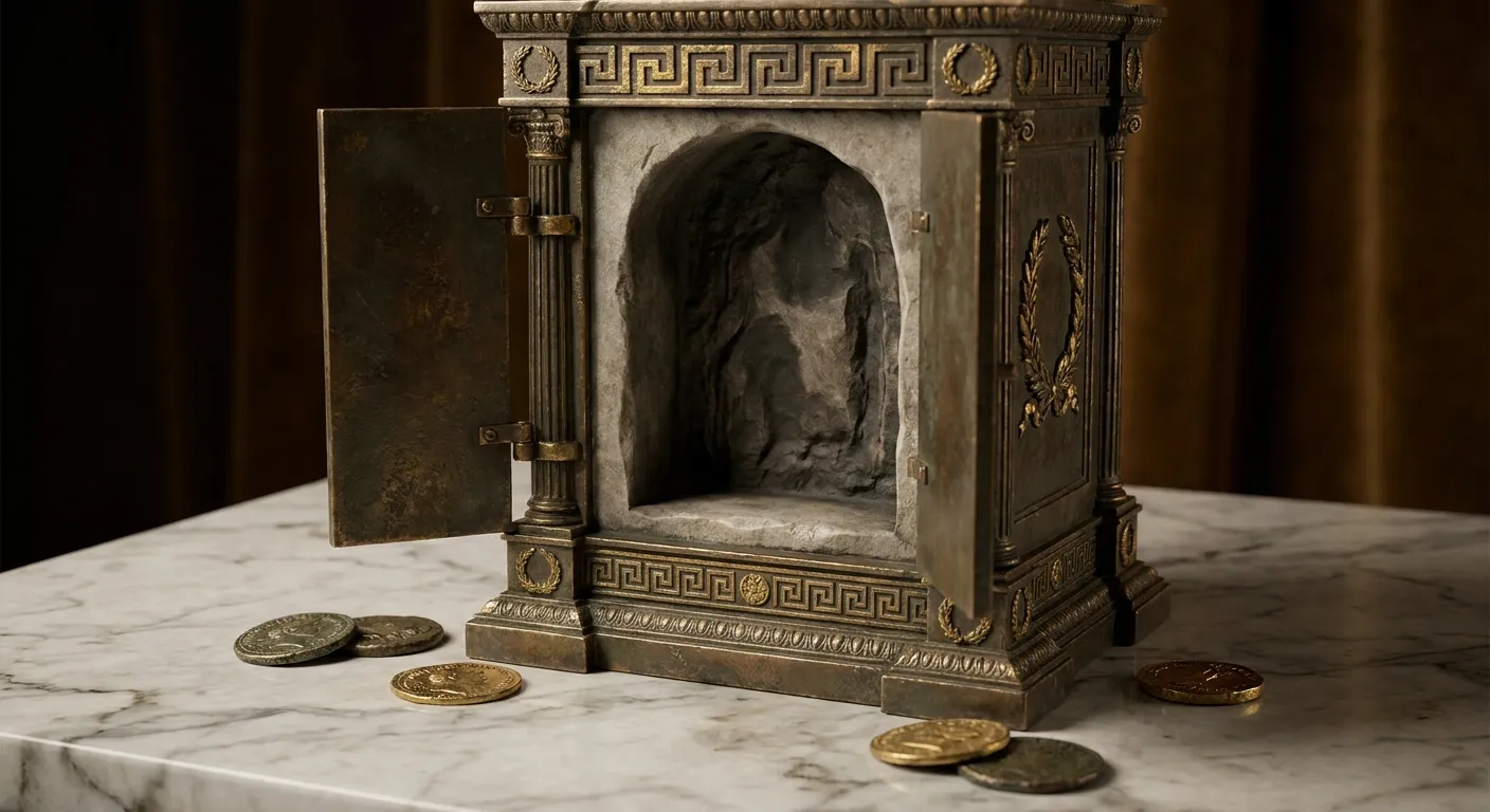 Pocket-sized antique bronze travelling shrine with hinged doors open revealing empty carved stone niche, on white veined marb
