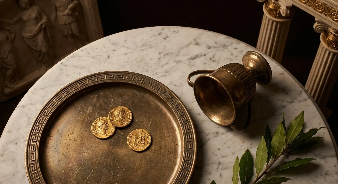 Overhead cinematic still life of a bronze tray holding three gold coins beside a tipped empty bronze cup on white veined marb