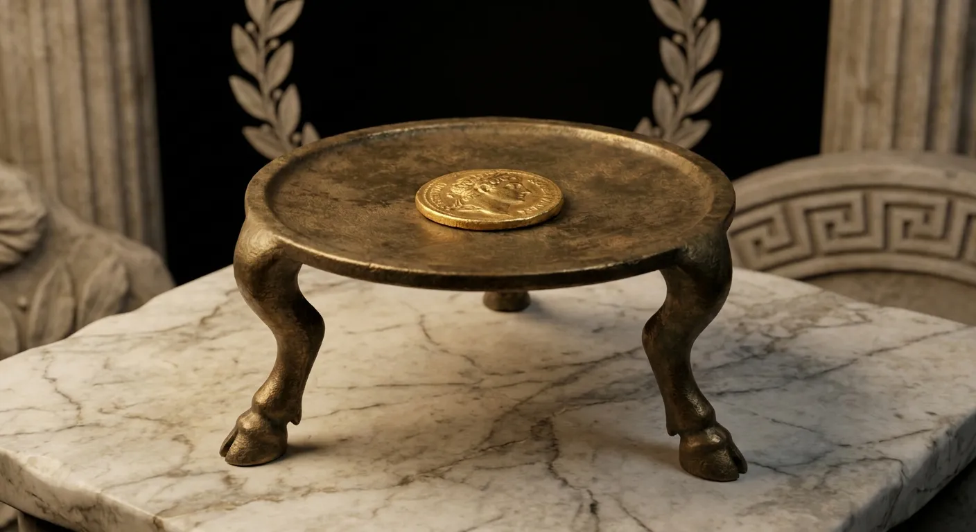 Macro close-up of a small aged bronze tripod stand bearing a single struck gold coin, lit dramatically against a near-black w