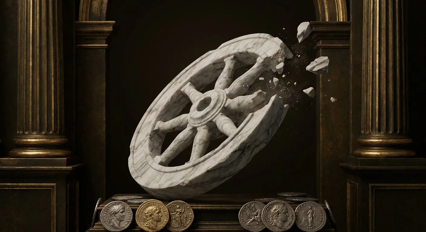 Carved marble relief of an ancient chariot wheel tilted steeply upward, stone fragments breaking from its rim, set against de