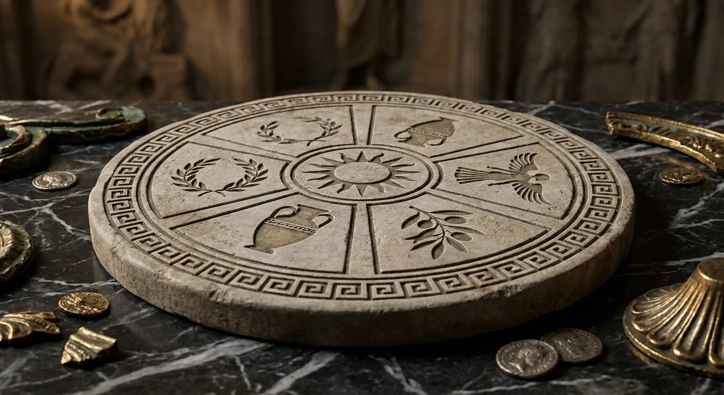 Macro close-up of a carved stone disc with radiating segments of incised classical symbols on dark veined marble, cinematic l
