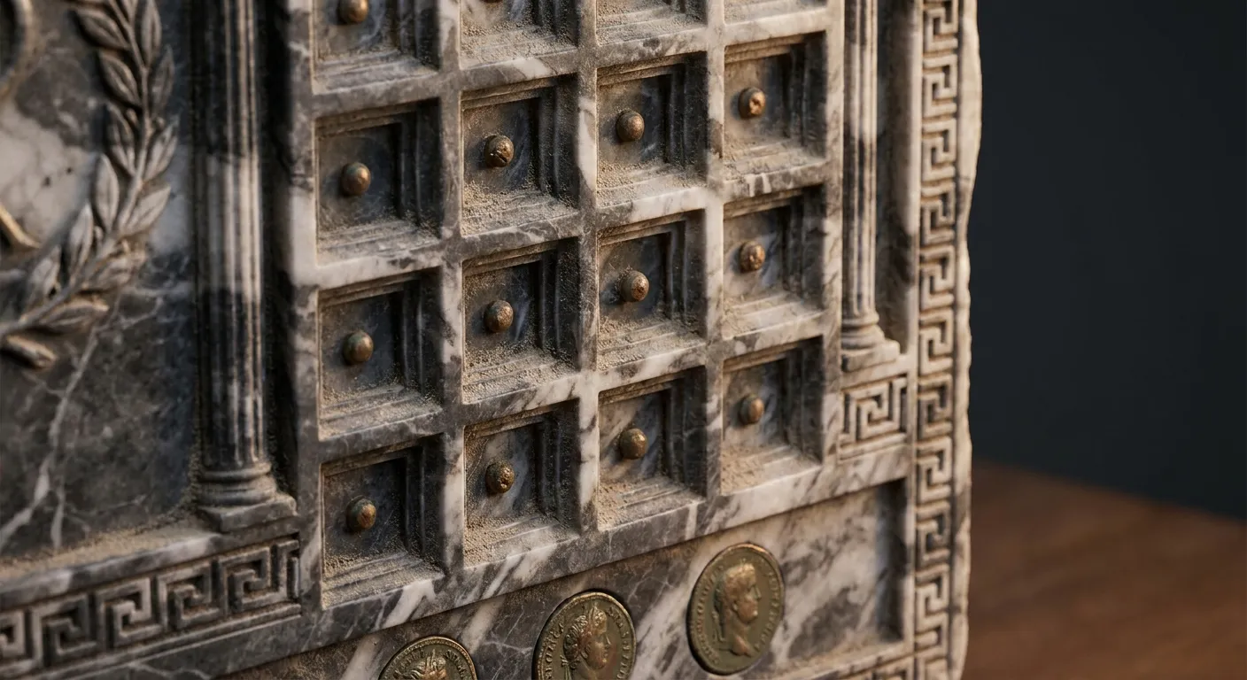 Close-up detail of carved stone relief panel with geometric recessed square cells each holding a raised bronze stud, fine dus