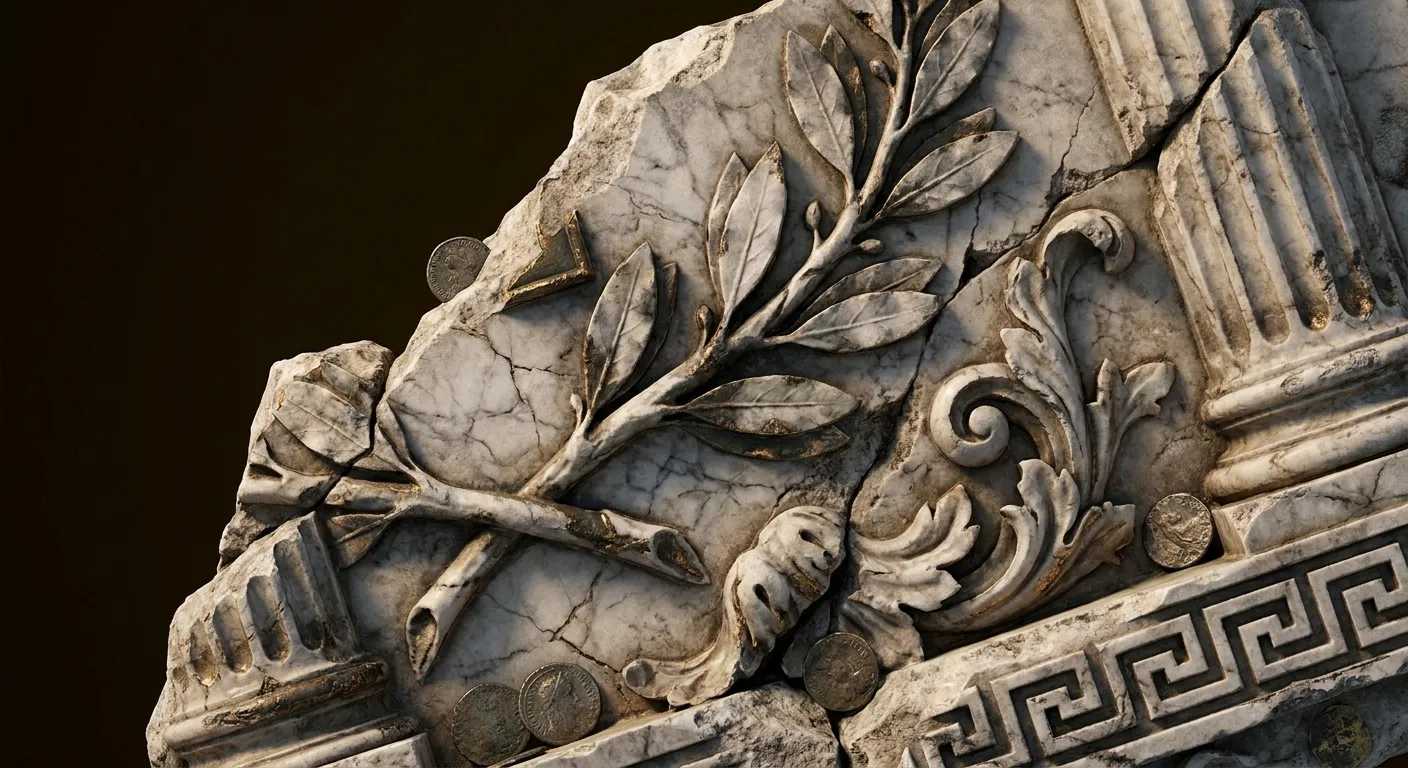 Broken ancient stone relief fragment with interlocking laurel branches and acanthus scrollwork in extreme raking-light macro 
