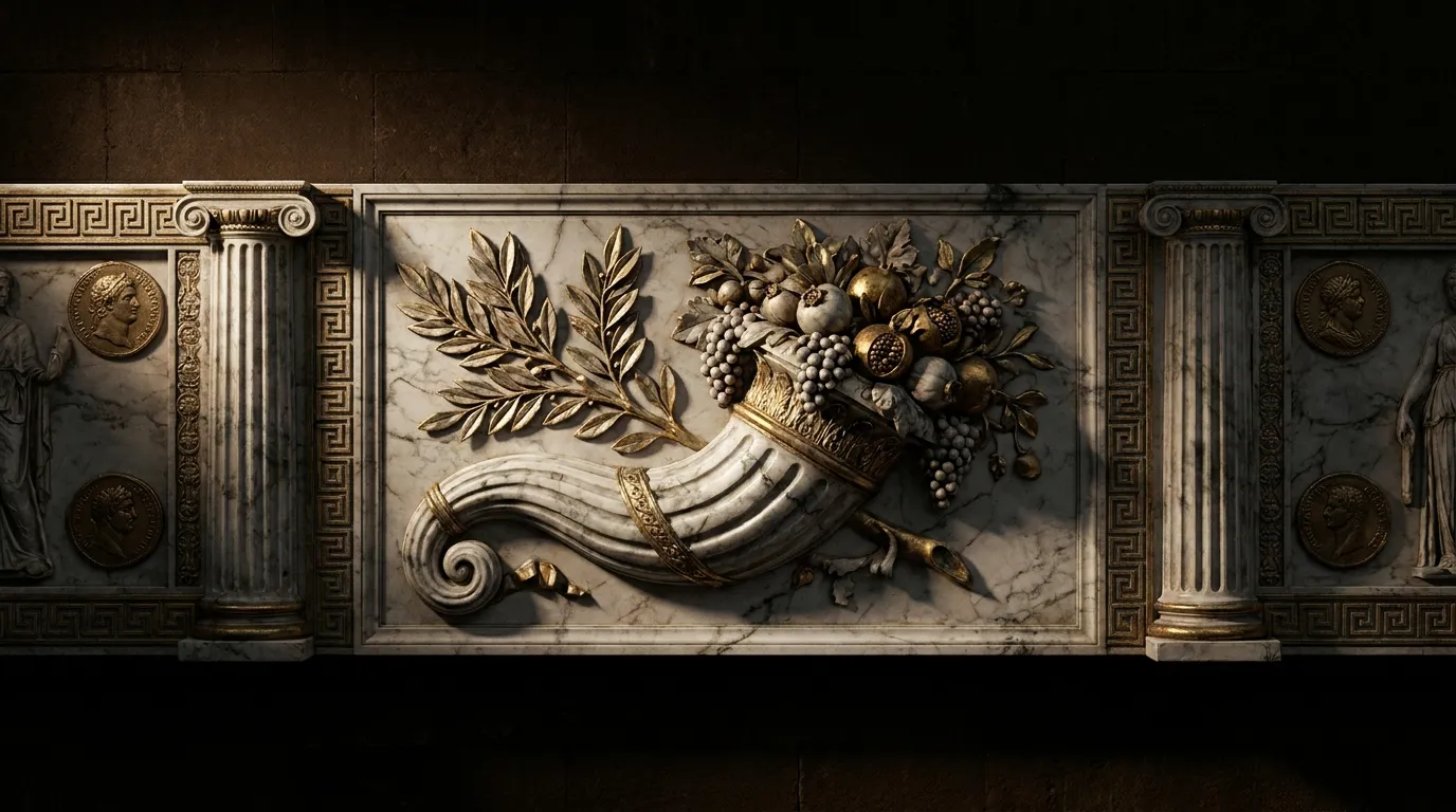 Carved stone relief cornucopia overflowing with laurel, grapes and pomegranates, raking side light, dark warm background, age