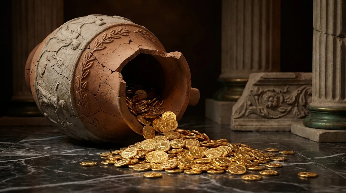 Cracked terracotta amphora tipped on its side on dark veined marble, gold coins streaming from broken mouth into glowing pile