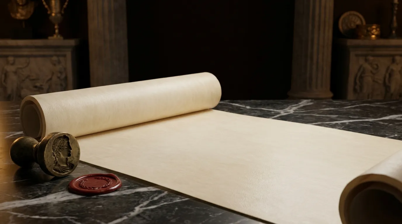 Unrolled cream vellum scroll on dark veined marble desk, weighted by bronze seal matrix with deep red wax laurel stamp, cinem