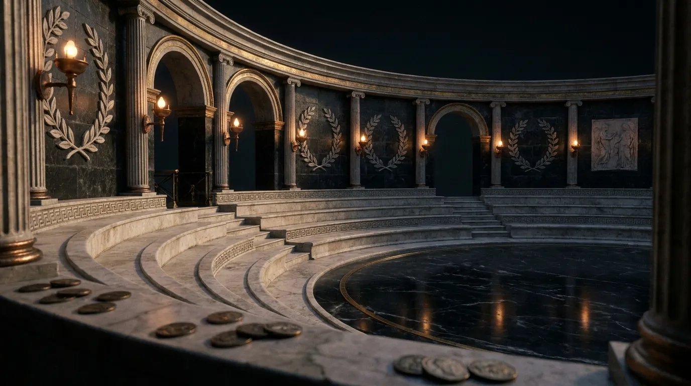 Dark cinematic marble amphitheatre with curved pale stone seating tiers surrounding a polished black marble floor, lit by war
