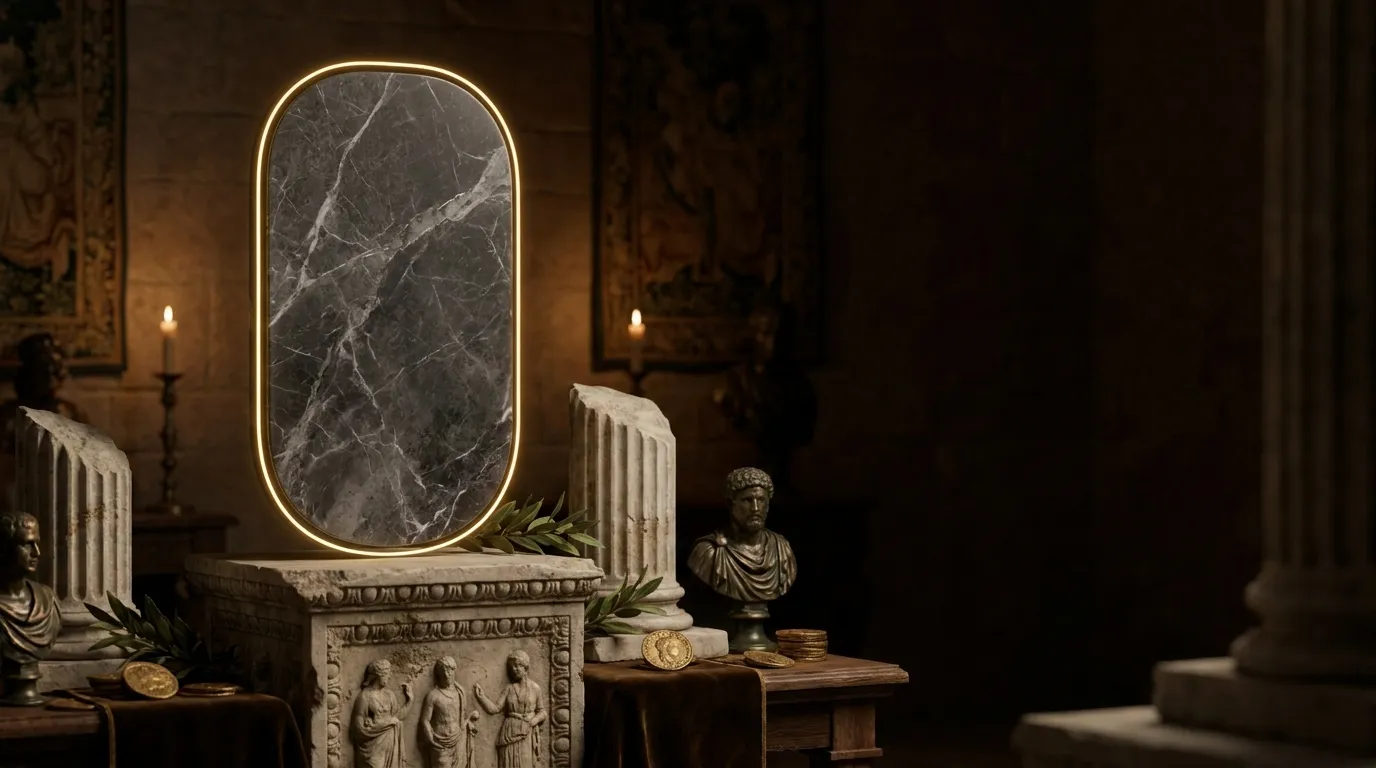 Tall dark polished marble rounded rectangle on carved stone plinth with glowing gold trim, classical antiquity motifs, cinema
