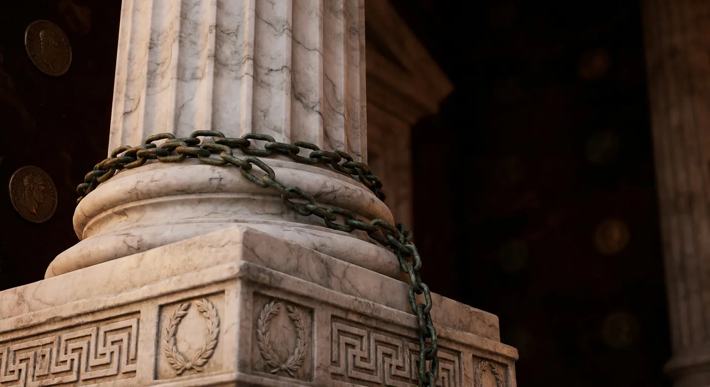 Low angle cinematic view up a fluted marble column with aged bronze chain wound around the shaft, fading into dark background
