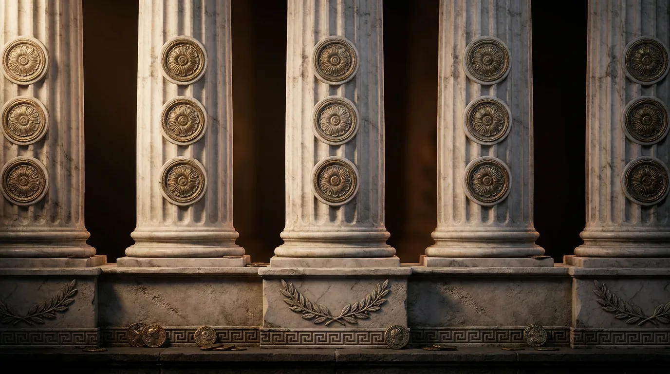 Five tall fluted marble columns in a dark cinematic hall, each carved with three stacked gold-inlaid circular rosette medalli