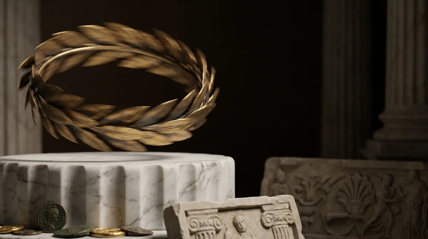 Gilded bronze laurel wreath caught mid-spin above a white veined marble plinth, motion-blurred leaves against a dark warm cin