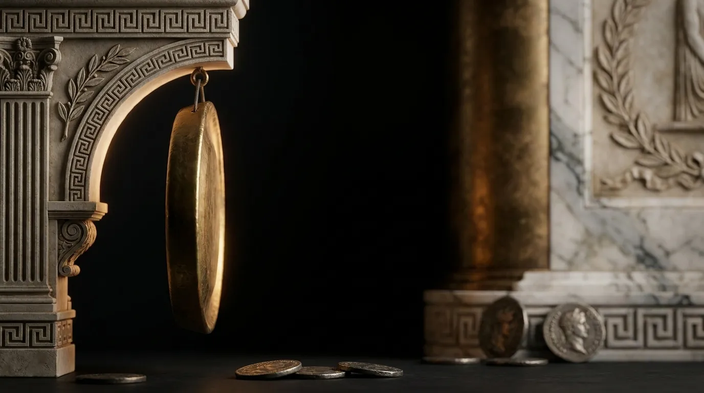 Edge-on gilded bronze ring gong on carved stone bracket, warm rim halo glow, deep near-black background with marble and gold 