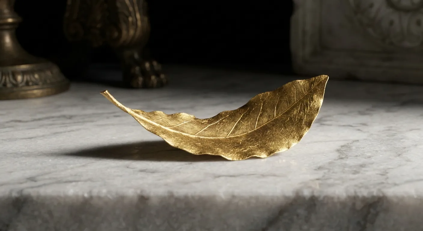 Single gilded laurel leaf casting a long soft shadow on pale veined marble surface, dark warm cinematic editorial still life