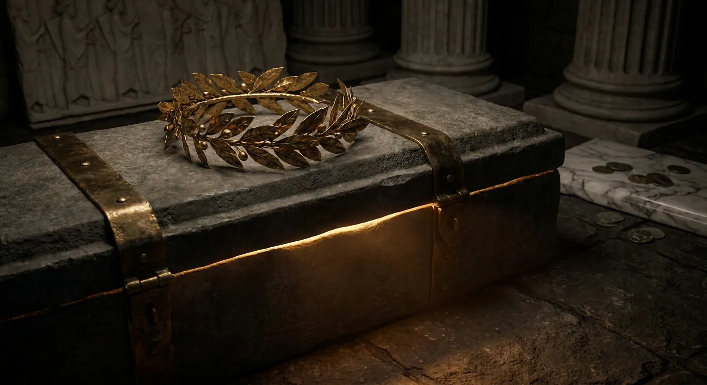 Gilded laurel wreath atop a sealed marble chest with aged bronze banding, warm gold light seeping beneath the lid against a d