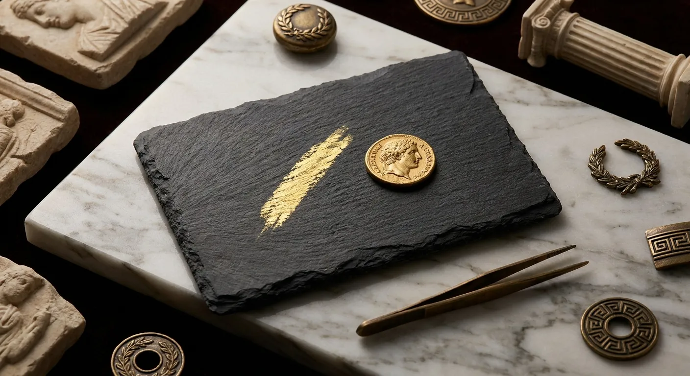 Overhead macro still life of a dark slate touchstone on veined marble, a struck gold coin beside a bright gold assay streak, 