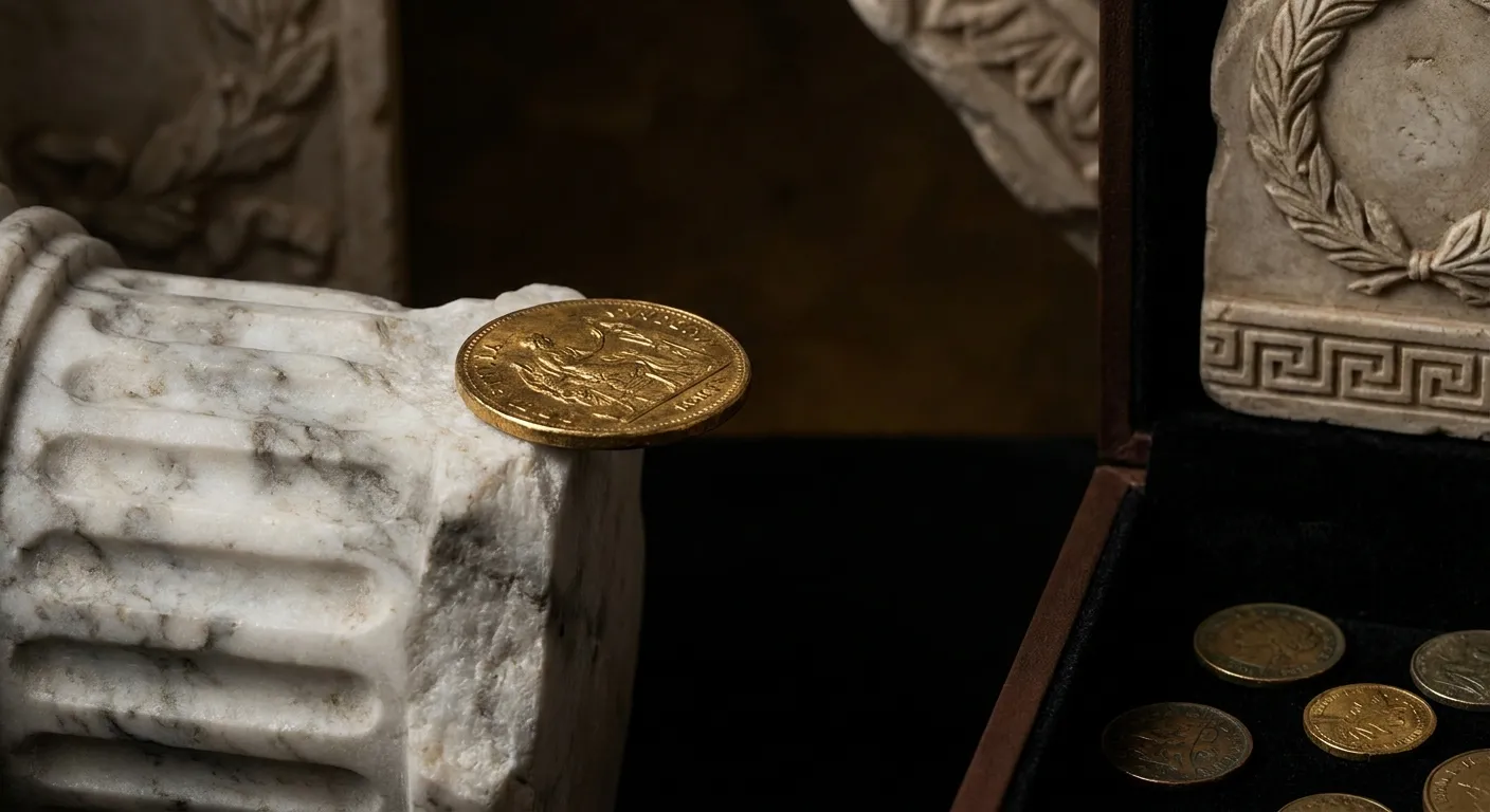 A single gold disc balanced on the edge of a white marble ledge, half hanging over deep shadow below, cinematic editorial sti