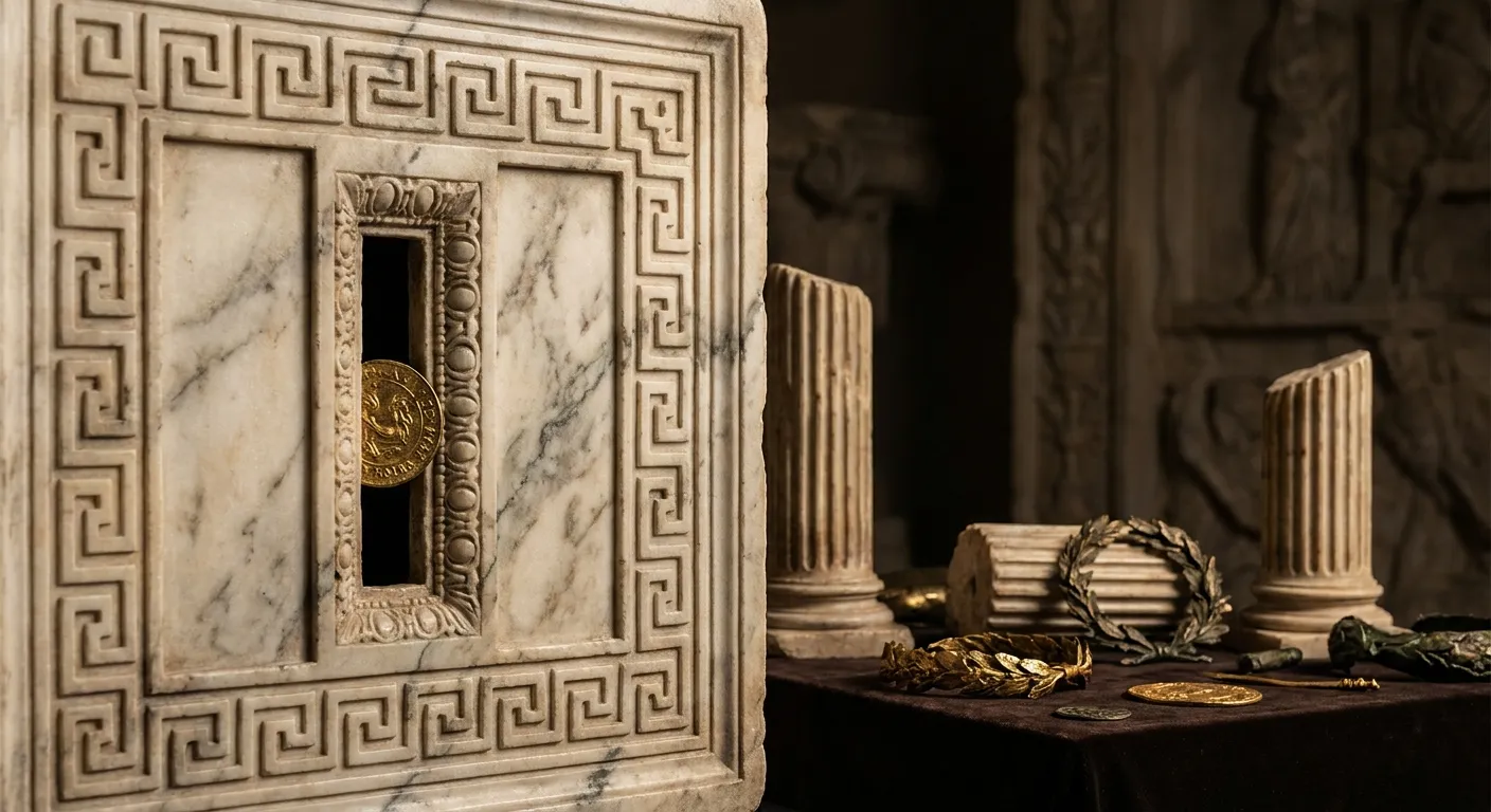 A single gold disc half-inserted into a narrow carved slot in a veined white marble panel framed by a Greek key meander borde