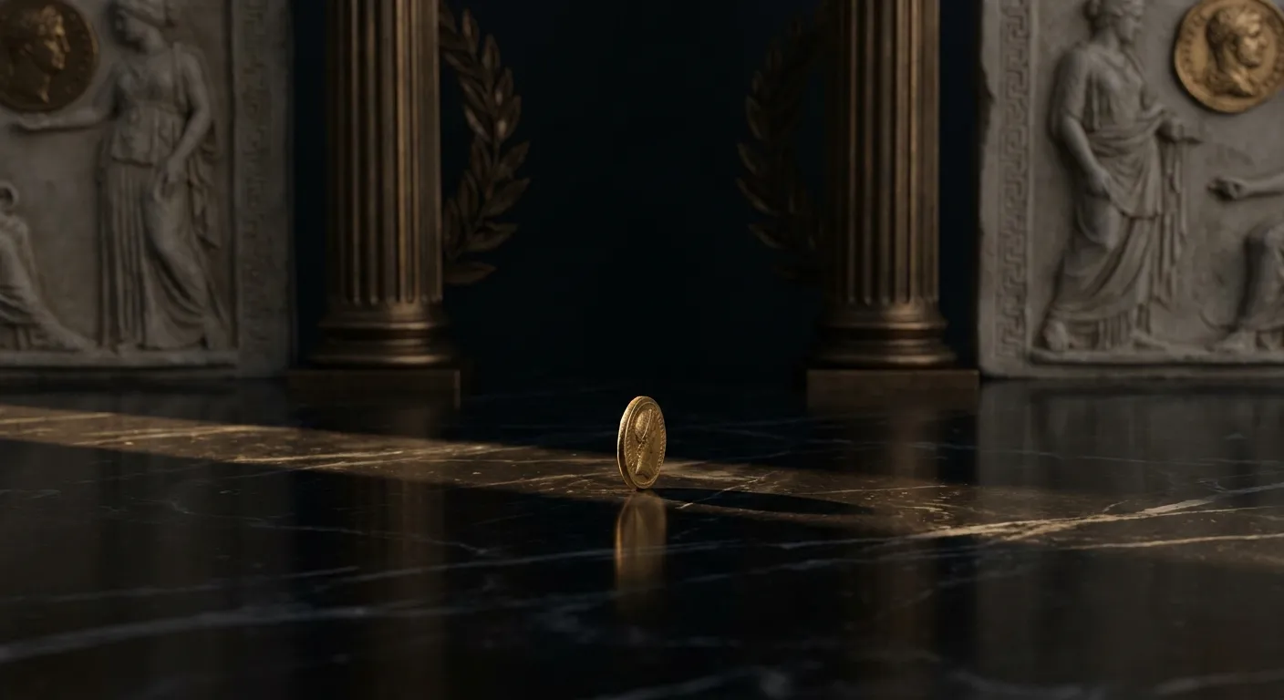A lone gold disc stands on its edge on vast polished black marble, grazed by a narrow shaft of light against a deep warm dark