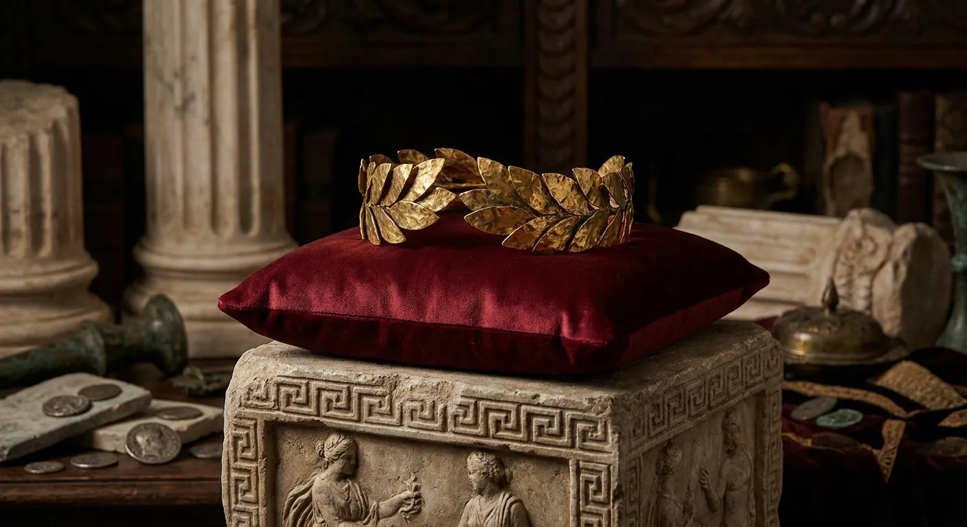 Solid gold laurel crown resting on deep crimson velvet cushion atop carved stone block, dramatic cinematic still life with cl