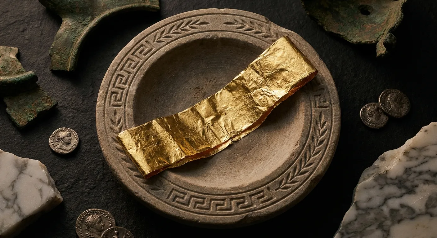 Folded crinkled gold leaf strip resting in a shallow carved stone dish, overhead close-up with dark cinematic warm background