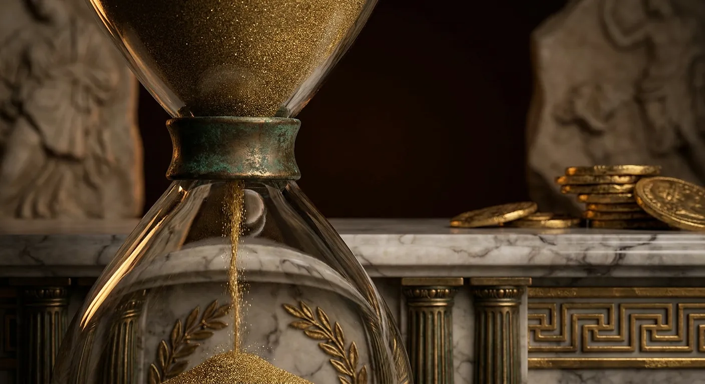 Extreme macro of fine gold sand streaming through hourglass waist, aged bronze collar, warm cinematic light, classical marble