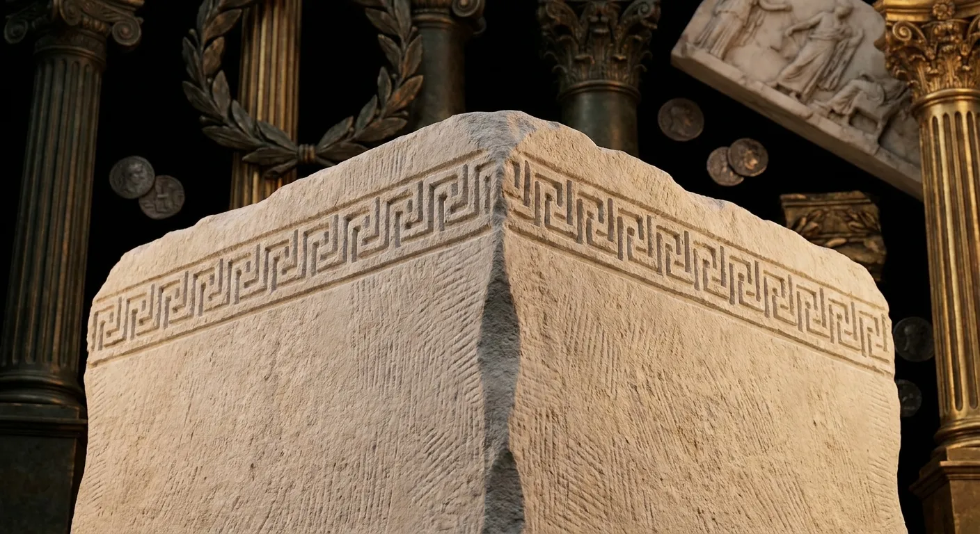 Close-up of a pale stone foundation block corner with carved Greek key meander border and fine chisel texture under warm cine