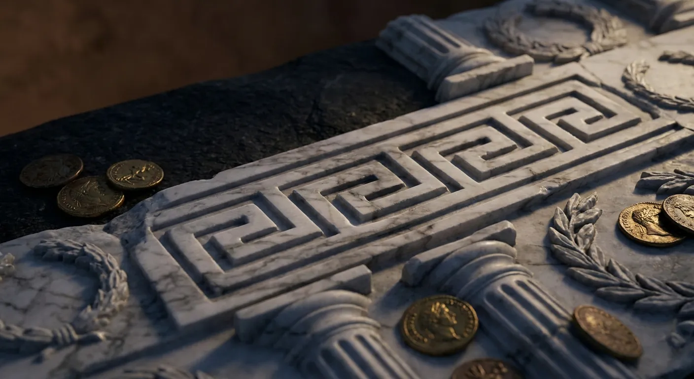 Extreme macro of carved stone Greek key meander border, raking light casting deep shadows across aged gold bronze and white v
