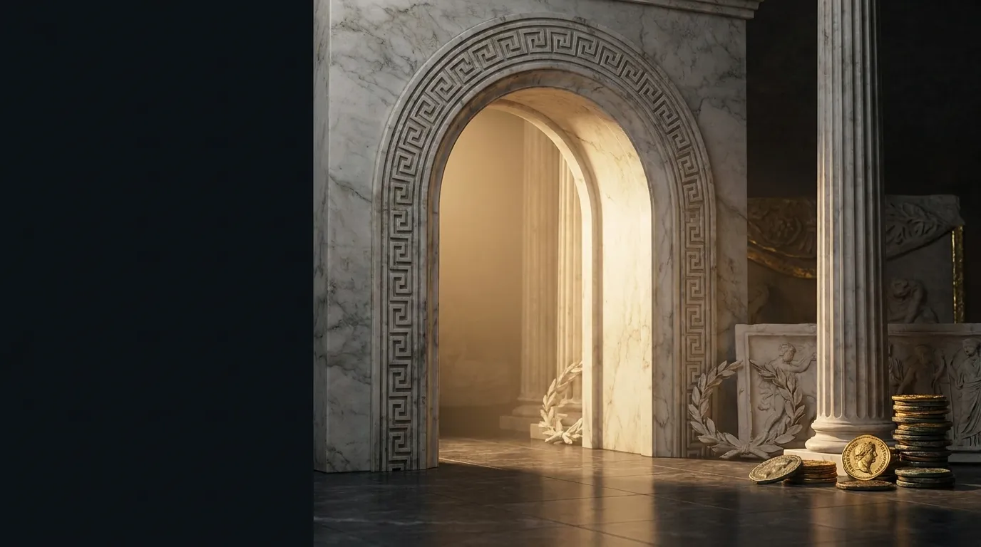 Arched marble gateway with Greek key meander carving, warm golden light spilling across dark stone floor, cinematic wide fram
