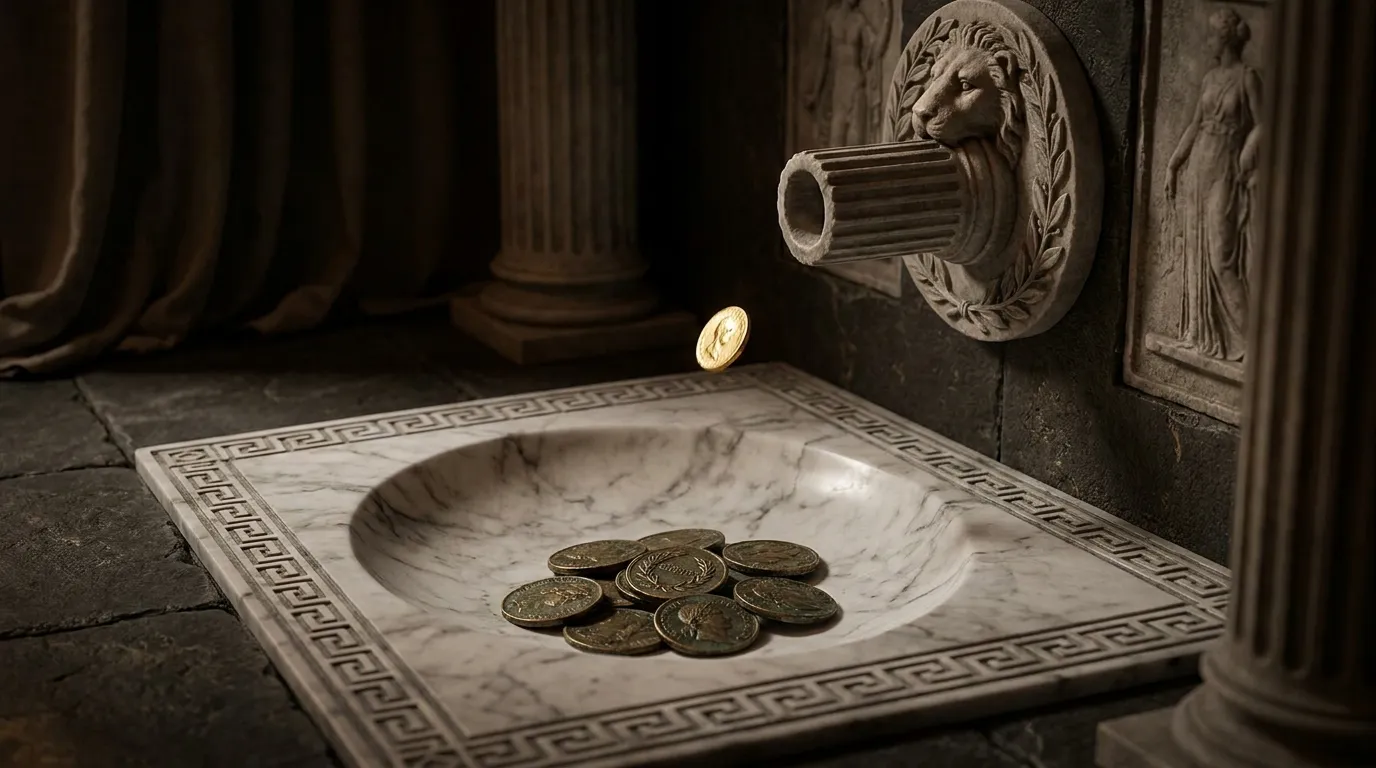 Shallow white marble basin set in dark stone floor with aged bronze coins, carved stone spout, and single gold disc caught mi