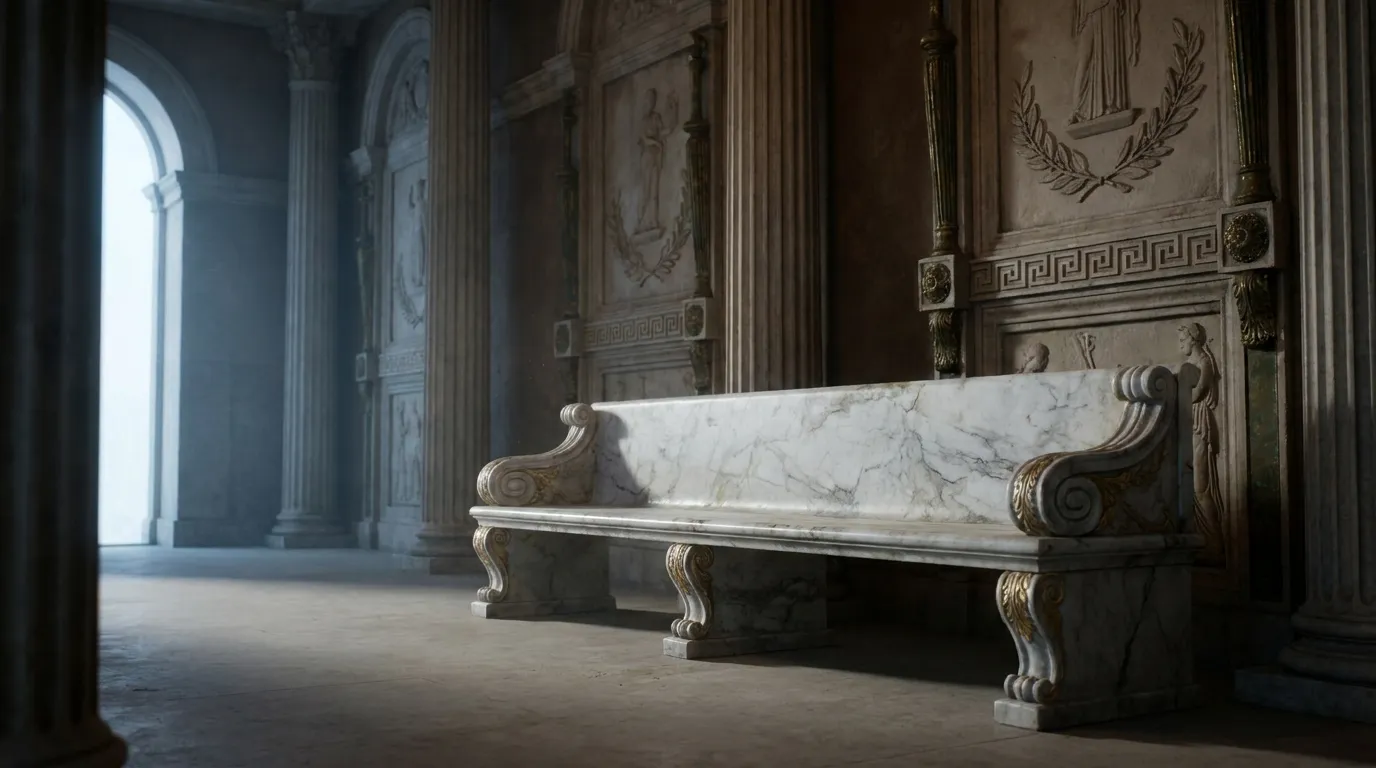 Empty veined marble bench with carved scrolled ends in a dim stone colonnade, cool daylight raking across fluted columns and 