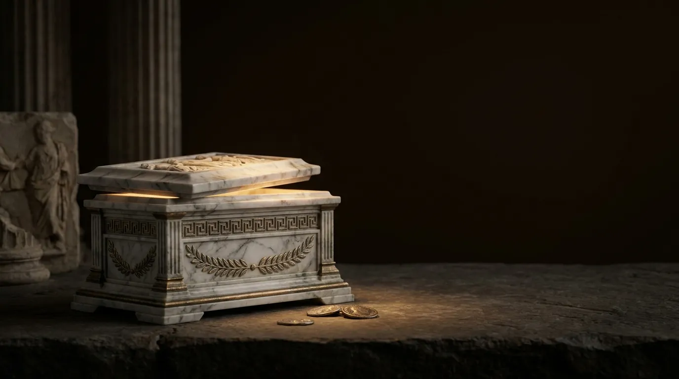 Small carved white marble casket with Greek key meander band, lid slightly ajar emitting warm gold glow onto dark stone surfa