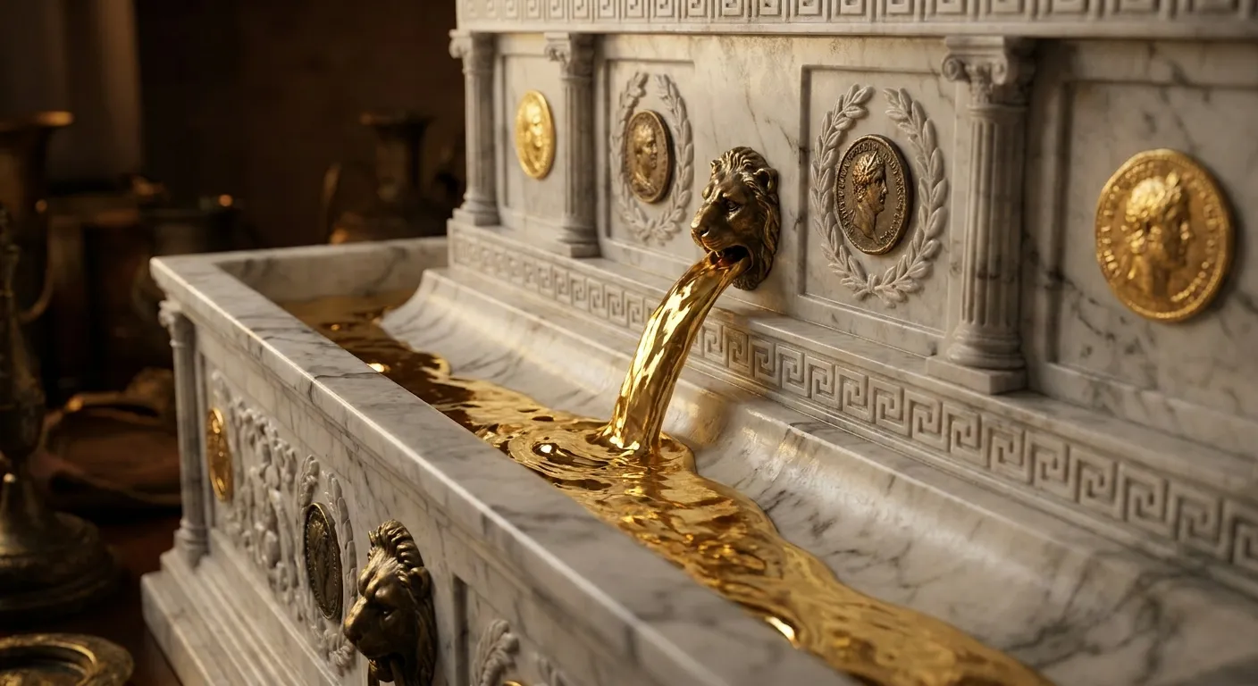 Carved marble channel fountain with liquid gold flowing in its groove, dark cinematic editorial with bronze accents and class