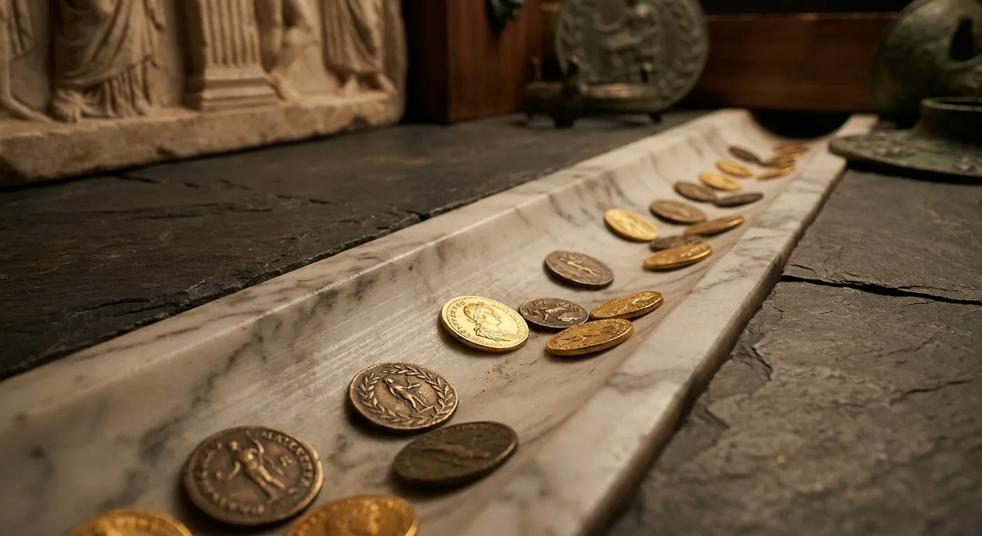 Carved marble channel cutting diagonally through dark stone floor, gold discs resting along its length, cinematic side-lit ed