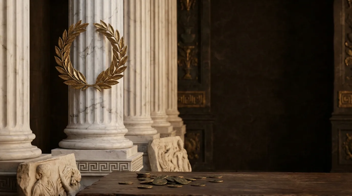 Cinematic colonnade of fluted white marble columns receding into warm darkness, gilded bronze laurel wreath mounted on the ce