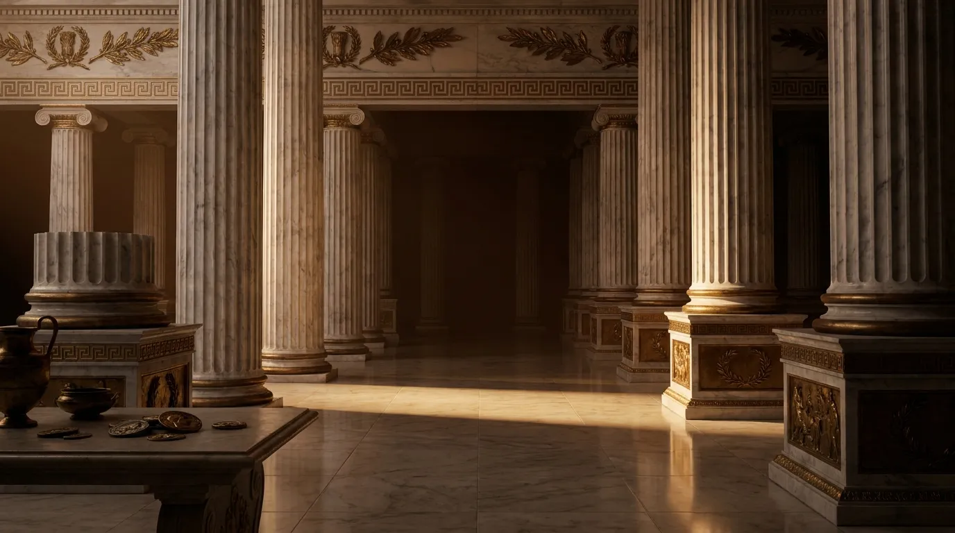 Cinematic colonnade of tall fluted marble columns receding into warm darkness, single shaft of soft light crossing polished s