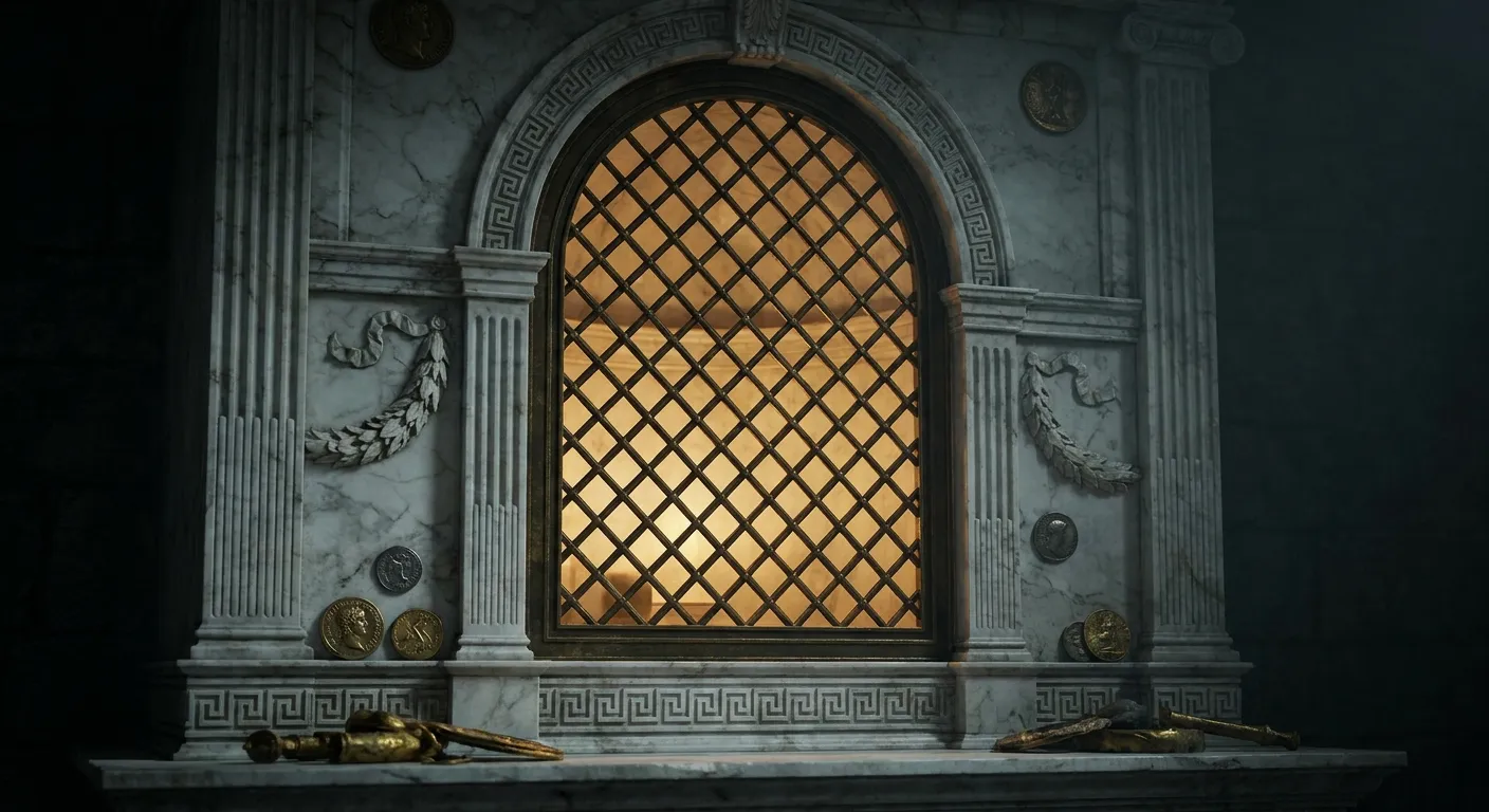 Arched niche in veined marble wall closed by diamond-pattern bronze lattice grille with warm amber glow, classical fluted col