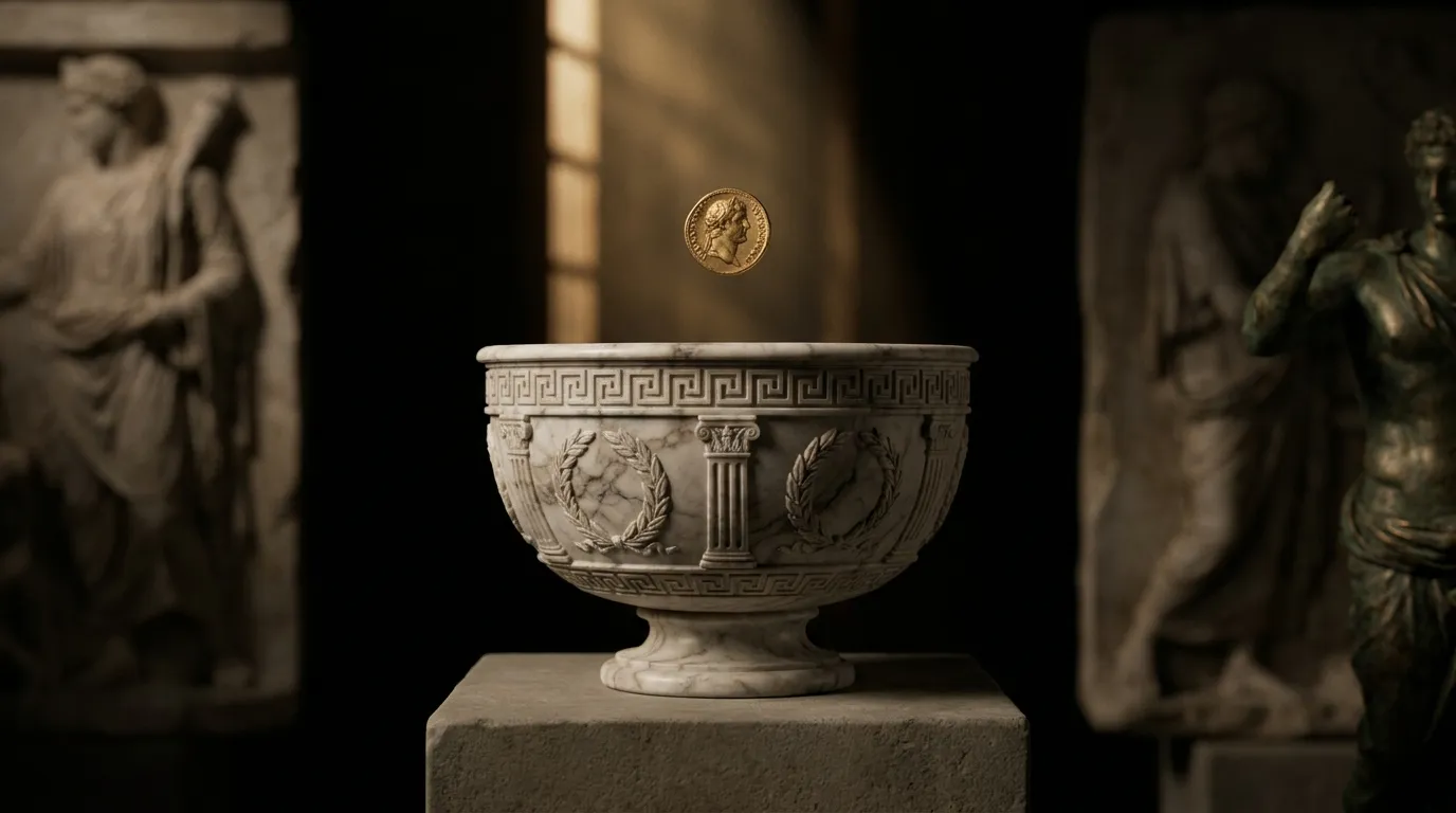 Empty carved marble offering bowl on stone pedestal with a single gold coin suspended in a warm shaft of light, dark cinemati