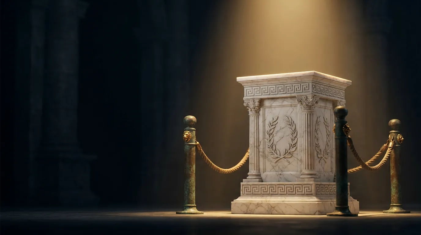 Carved white marble pedestal under a warm shaft of light in a vast dark hall, flanked by two aged bronze rope posts, cinemati