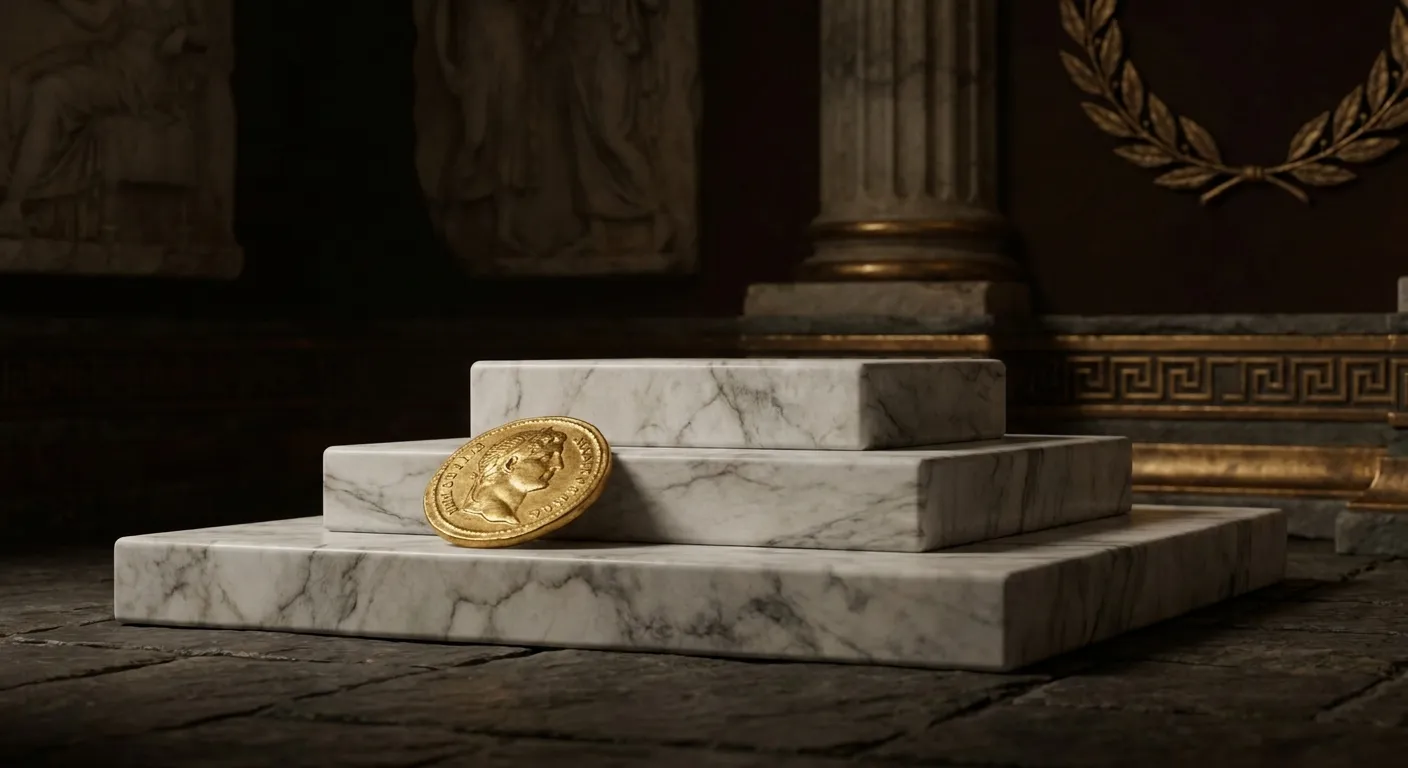 Three-tiered white marble plinth with a single gold disc on the lowest tier, dark cinematic background with carved bronze and