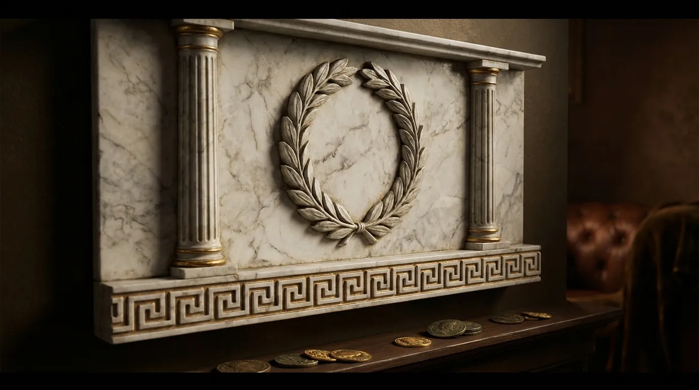 Carved marble relief panel with deep-cut laurel wreath, fluted half-columns, and Greek key meander border against a dark warm