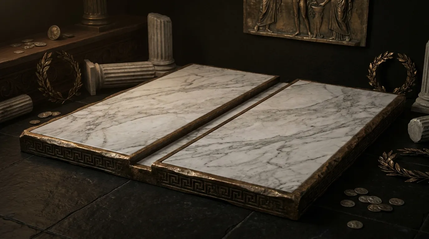 Two large white and grey veined marble slabs on near-black stone floor with aged bronze edges and carved channel between them