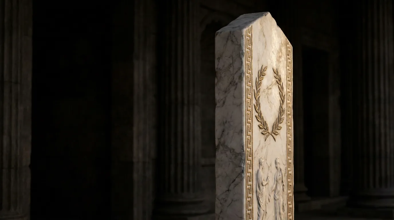Narrow vertical marble stele with gold meander border catching warm rim light in a dark stone portico, cinematic wide framing