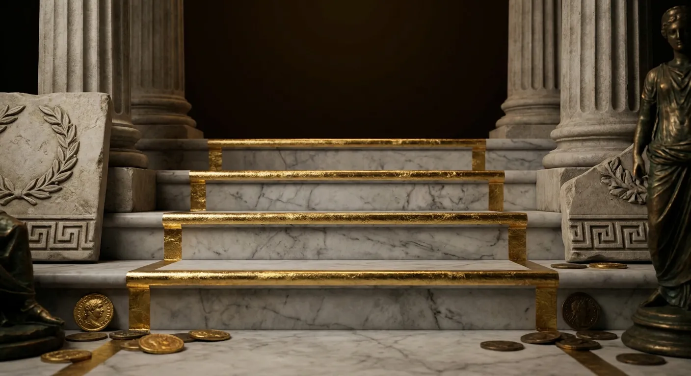 Low-angle cinematic view of white veined marble steps with gold leaf inlaid nosings rising into warm near-black darkness