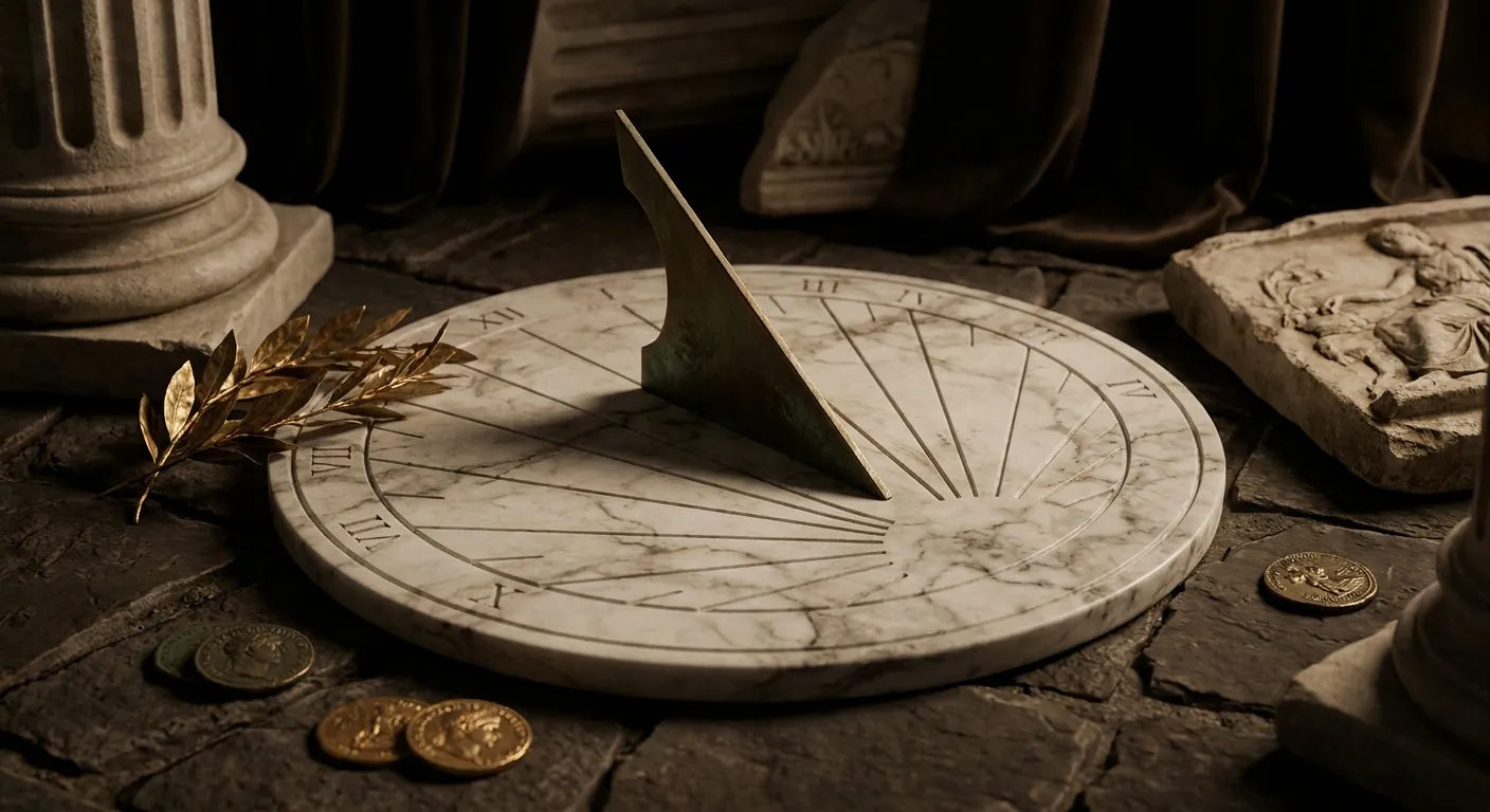 Circular white marble sundial with aged bronze gnomon casting a sharp angled shadow across incised radial lines on dark stone