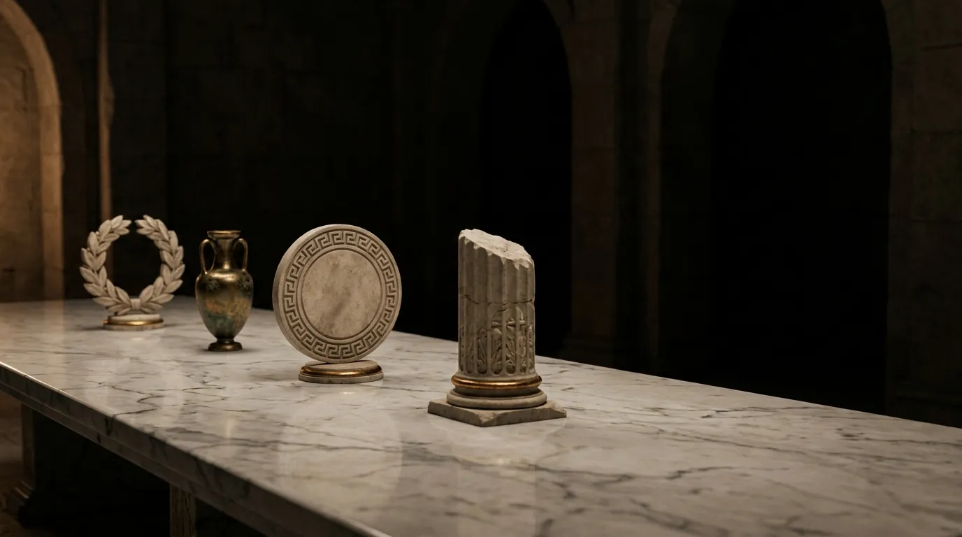 Dark cinematic still life of a marble table displaying a laurel wreath, amphora, meander disc and column fragment in warm sid